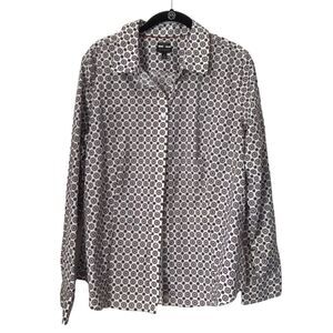 Talbots Shirt Size 16 White Geo Pattern Button Up Wrinkle Resistent Long Sleeve